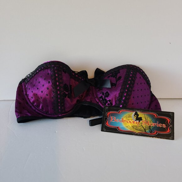 BEDROOM STORIES POLKA DOT&LACE BRALETTE- UNDER WIRE-MAGENTA /BLACK - SIZE MEDIUM - Picture 3 of 8